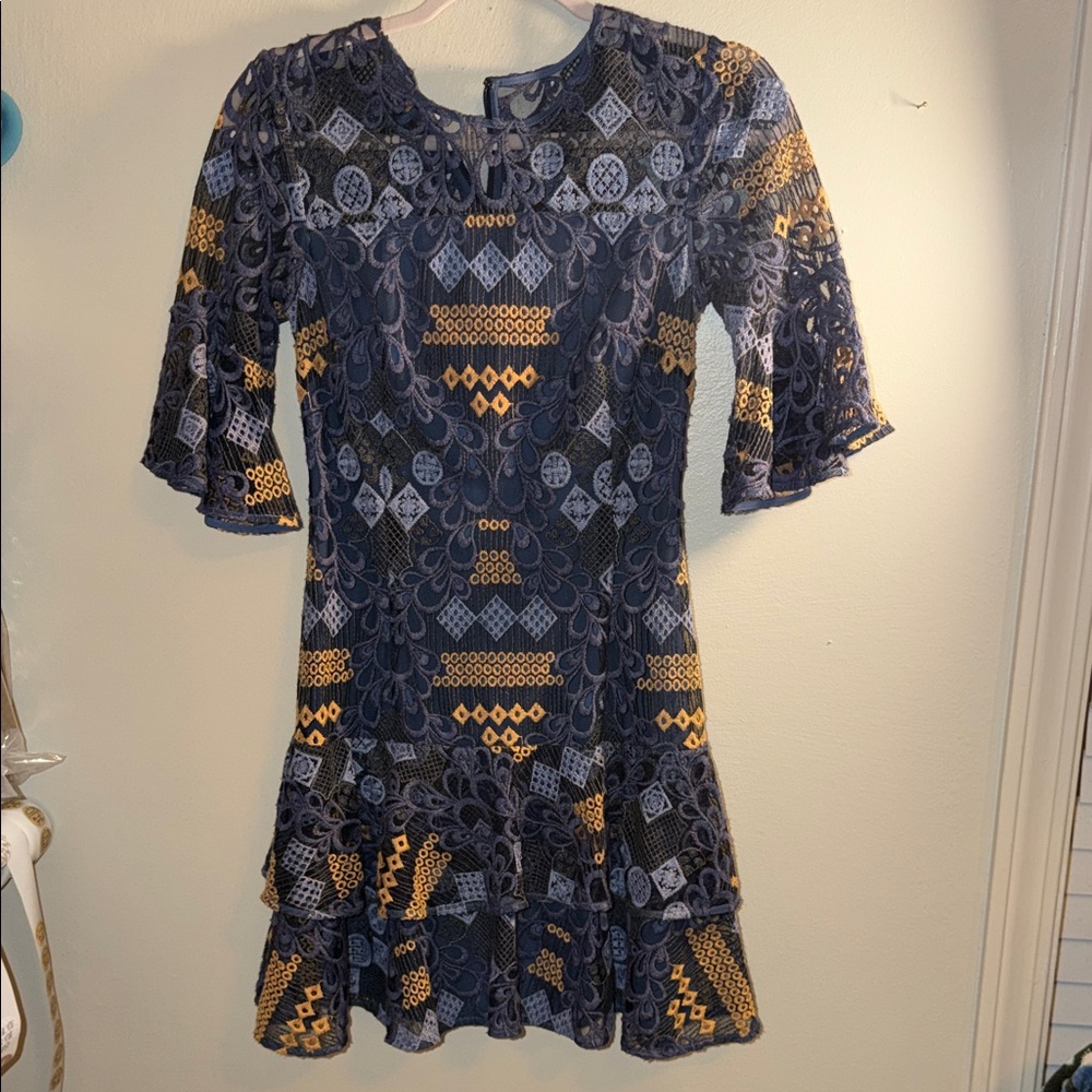 Navy and Mustard Patterned Lace Mini Dress